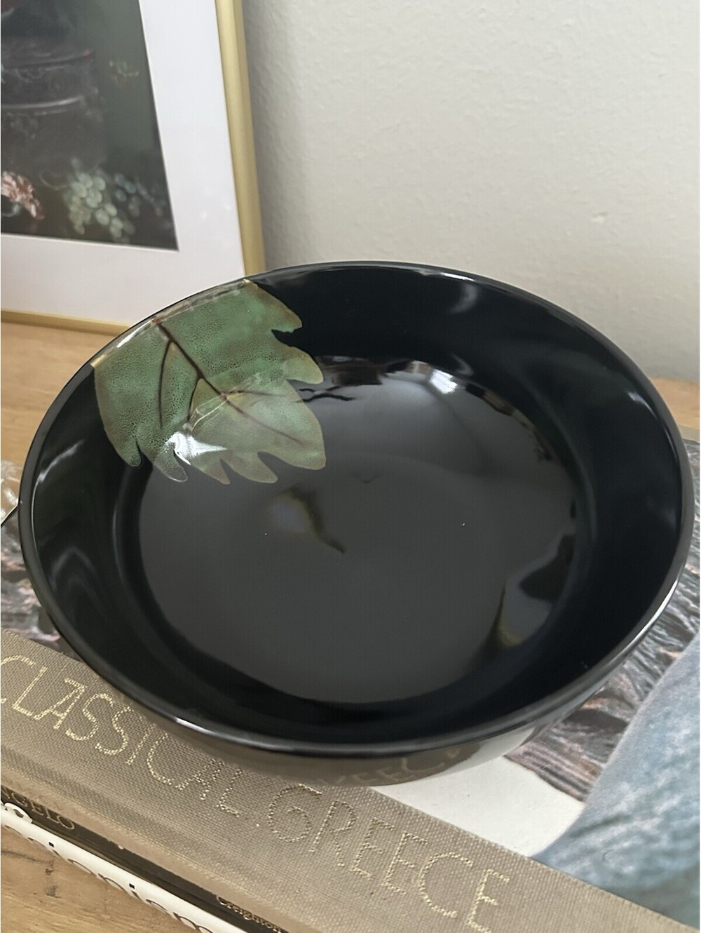 Vintage Studio Art Pottery Black Bowl Green Leaf Botanical Handmade Ceramic